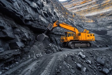 A Yellow Bulldozer Digging Through a Coal Mine