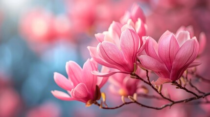 a bunch of pink flowers are blooming on a tree branch in front of a blue and pink blurry background.