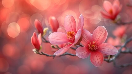 a close up of a pink flower on a branch with boke of light in the backround of a blurry background.