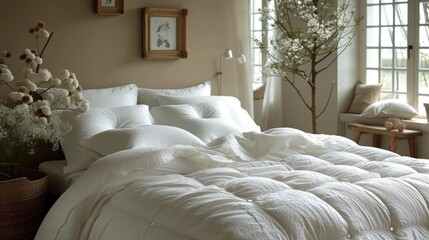 a bed with white comforter and pillows in a room with a large window and a potted plant on the side of the bed.