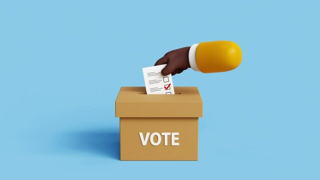 3D African American hand in business attire leaving vote in the box. Voting, going to vote, citizen participation in voting. Putting vote in ballot box, elections and democracy. 4k 3d loop animation