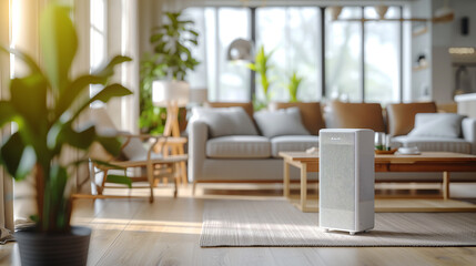 Home living space with an air purifier on a rug by coffee table.