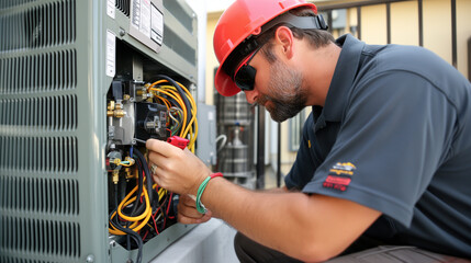 HVAC repair technician, working on fixing an air conditioning system.