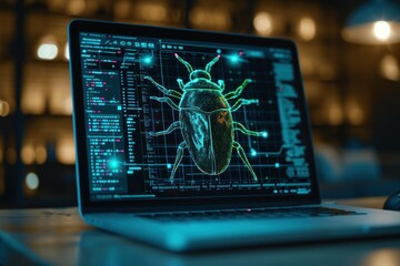Scene featuring a bug on top of a laptop with a web-like pattern, creating an illustration that symbolizes the connection between bugs and potential web threats - obrazy, fototapety, plakaty