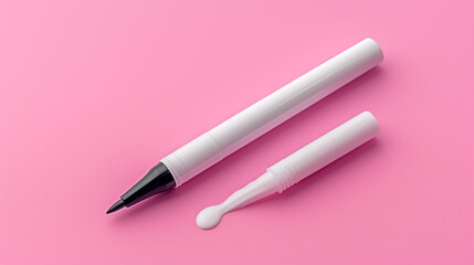 a blank white nail art pen on a pink background, with a cap and a nail art effect. 