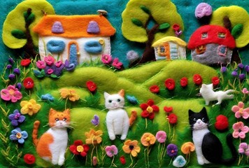 Fototapeta na wymiar view of a meadow with cats playing in front of the house Among the flowers and trees, felt art