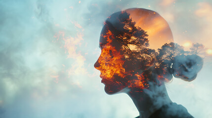 Woman's head superimposed over a fiery landscape background. Stressful situation depicted.