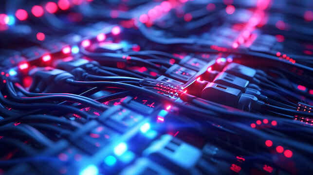 Background of illuminated data cables transmitting information. Data security.