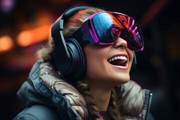 Portrait of amazed young woman in a VR headset. Generative AI.