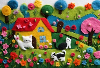 Naklejka premium view of a meadow with cats playing in front of the house Among the flowers and trees, felt art