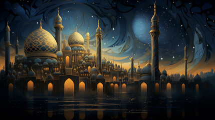 The Eid Night Background: Mosque - Celebrating the Eid Holiday - obrazy, fototapety, plakaty