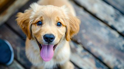 A sweet smile of a happy Labrador puppy on the background of a light side. A charming portrait with a picture of a head and a space for adding text.