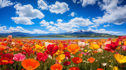 poppy field with lake and mountain