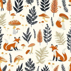 a forest with mushrooms, ferns, and foxes seamless pattern seamless graphic design illustration