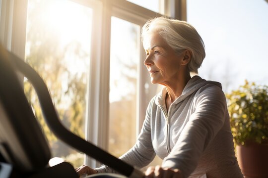 Vibrant 75-year-old woman with gray hair engaged in vigorous exercise on a clear, sunny morning