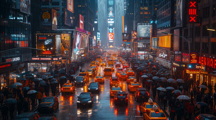 Night city landscape, crowd of people with umbrellas at night in heavy rain, car traffic, metropolis