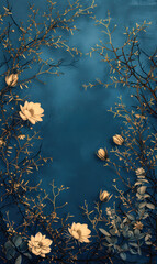 Spring flower wreath garland frame on an old rustic blue wood background.Generative AI