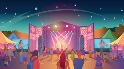 Deurstickers Open air music festival. Music Stages, vector illustration of a crowd of fans waving their arms, dancing, shooting video on their phone. Bright illustration, hand draw, objects grouped and layered. © NADEZHDA