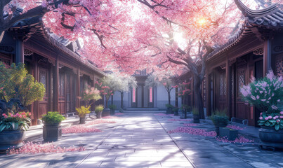 Chinese courtyard with pink trees and a pond.Generative AI