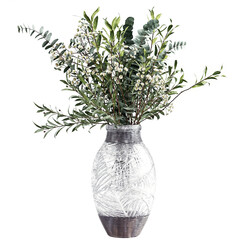 bouquet of eucalyptus, olive and gypsophila in glass vase