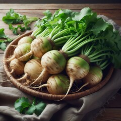 Tubers of raw green radish on a wooden background