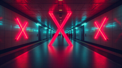 A crowd of people walking in an underground passage with a red letter X that prevents movement - disease X - obrazy, fototapety, plakaty