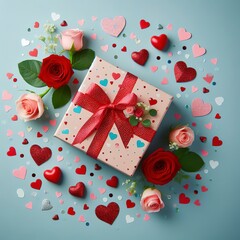 Valentine day composition, Greeting gift box with confetti hearts and roses on blue background