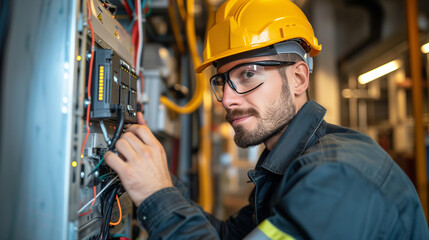 Young electrician working on an electrical panel indoors. Wearing yellow hard hat and goggles. 