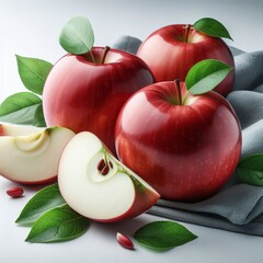 Whole and cut red fresh apples on white background, side view