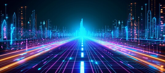 Vibrant neon cityscape with futuristic buildings and dazzling light trails pulsating with energy