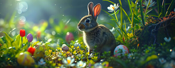 Easter web banner with cute bunny with flowers and Easter eggs, copy space for text