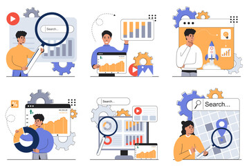  SEO scene set. Mega collections. Local SEO business, local SEO marketing. SEO performance, SEO targeting, SEO optimization, SEO analysis. Vector illustration