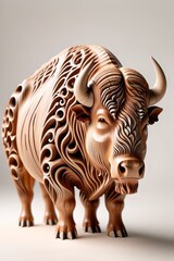 Fantastic Wooden Creatures Series - Carved Wooden Buffalo Sculpture on neutral background