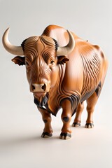 Obraz premium Fantastic Wooden Creatures Series - Carved Wooden Buffalo Sculpture on neutral background