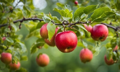 Ripe apple tree in foreground, soft-focus garden