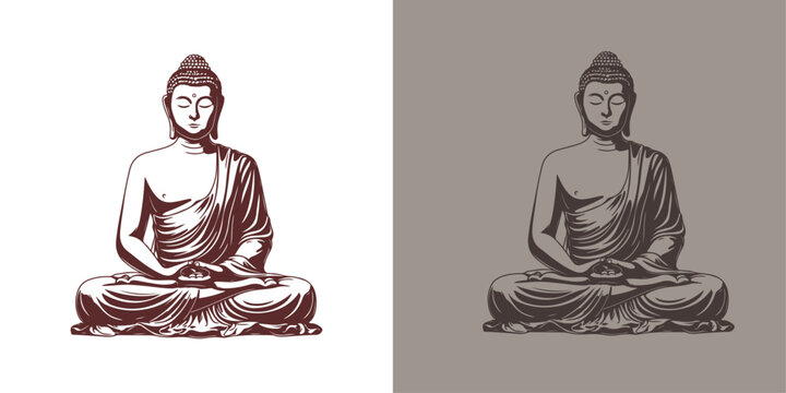 Vector silhouette of Buddha line drawing. Sketch of meditating buddah statue. Vector illustration isolated on white buddha sitting in lotus position asana 