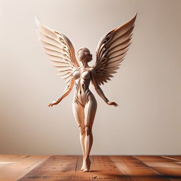 Fantastic Wooden Creatures Series - Carved Wooden Angel Sculpture on neutral background