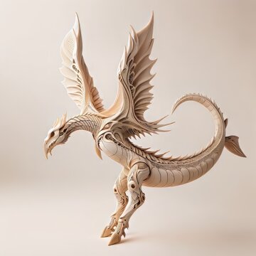 Fantastic Wooden Creatures Series - Carved Wooden Dragon Sculpture on neutral background