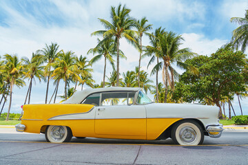 Yellow classic car on a tropical beach with palm tree, vintage process
