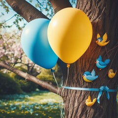 Fototapeta na wymiar Two balloons blue and yellow color tied to a tree