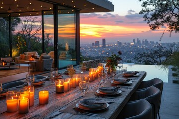 A rustic table adorned with flickering candles sits under the colorful sky, surrounded by towering trees, creating the perfect outdoor dining setting to witness the mesmerizing sunrise or sunset