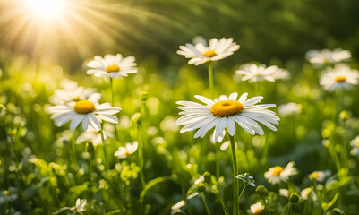 Fototapeta premium Sunny spring field: Vibrant flowers under the sun