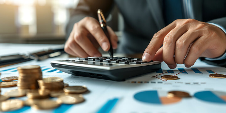 Affari, finanza e investimenti, concetto di cambio valuta. Ragioniere che usa la calcolatrice con monete e relazione finanziaria, grafico economico di crescita, sfondo finanziario