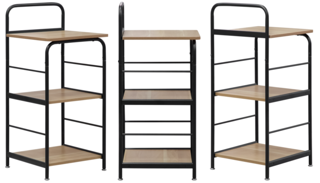 Stylish and modern shelving with wooden shelves for home or office. Isolated from the background. Interior element. From different angles