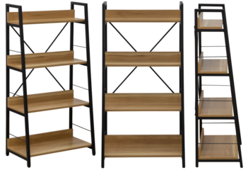 Stylish and modern shelving with wooden shelves for home or office. Isolated from the background. Interior element. From different angles