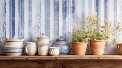 Rustic print with French farmhouse stripe pattern and Provence blue and white linen texture. Doodle country kitchen wallpaper in shabby chic style.