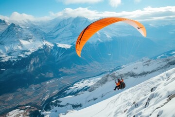 Person Paragliding Over Snow-Covered Mountain