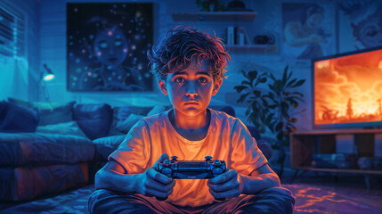 Child Engrossed in Video Games at Night. Generative AI