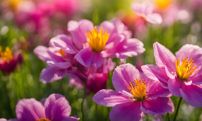 Fototapeta premium Sunny spring field: Vibrant flowers under the sun