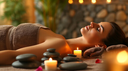 A woman enjoying a peaceful hot stone massage at the spa, surrounded by warm towels and aromatic essential oils